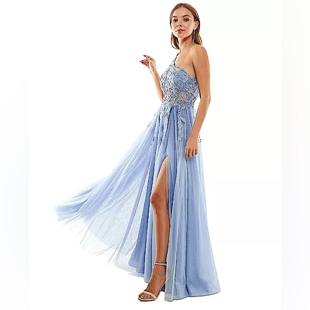 🌀Asymmetric Floral-Applique Sleeveless Prom Dress Gown in Light Blue Periwinkle